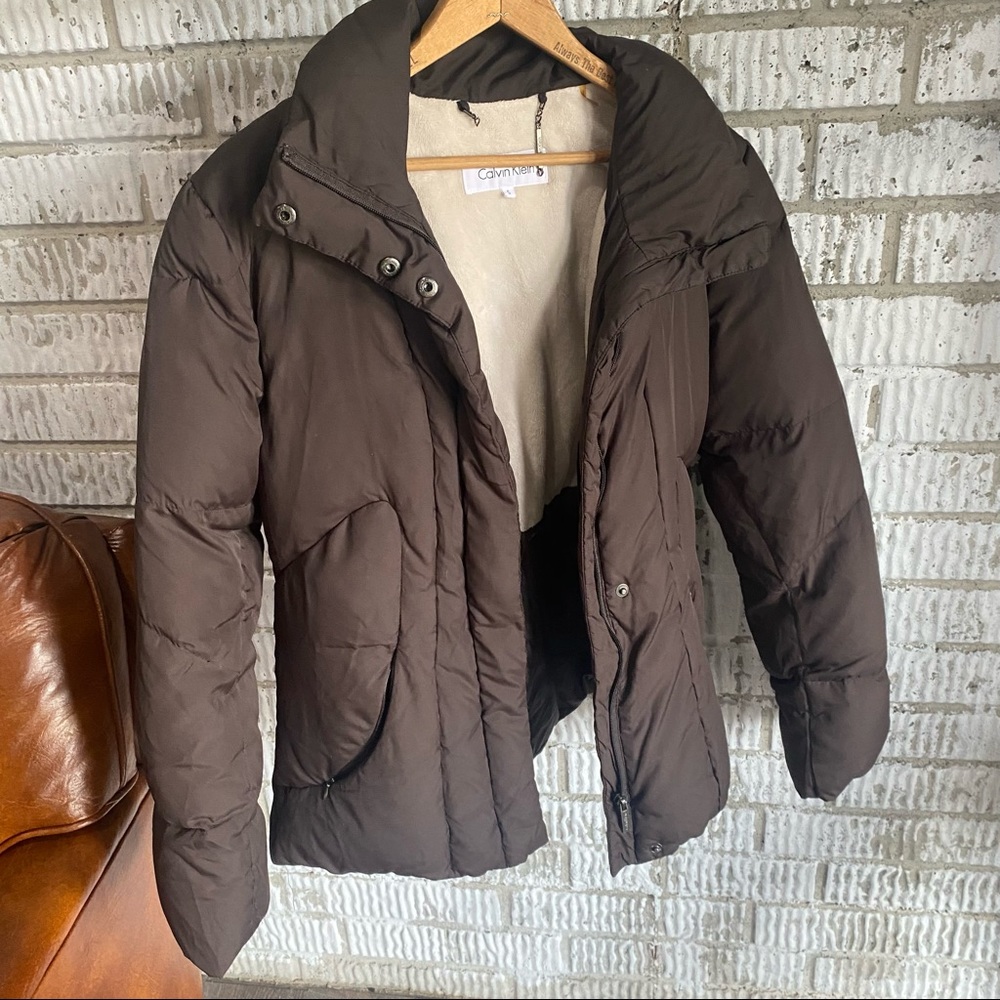 Brown Calvin Klein Winter Puffer Coat Fur Lined